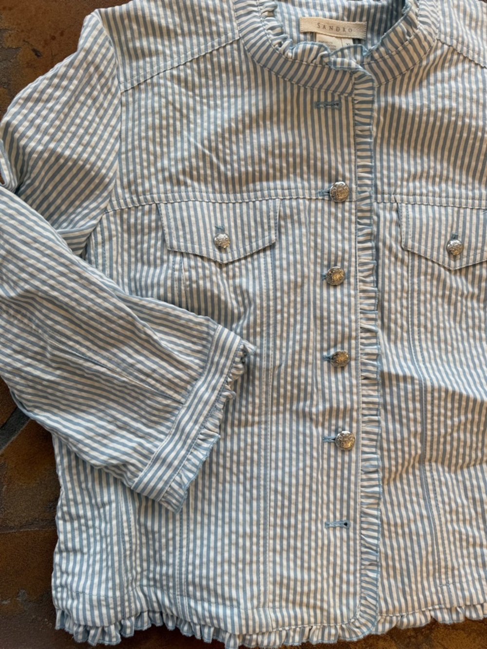 Sandro Women's Ruffled Seersucker Striped Cotton Button Up Blazer XL - Picture 4 of 8
